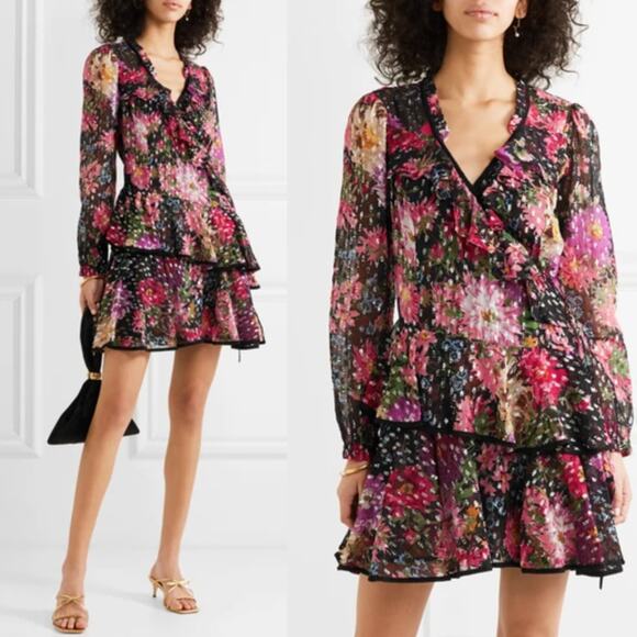 Needle & Thread | Metallic Floral Print Fil Coupé Chiffon Wrap Dress 2 - Picture 1 of 13